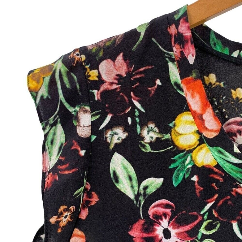 3.1 Phillip Lim Black Silk Floral Print Blouse Flutter Sleeve Size 0 - Picture 3 of 6